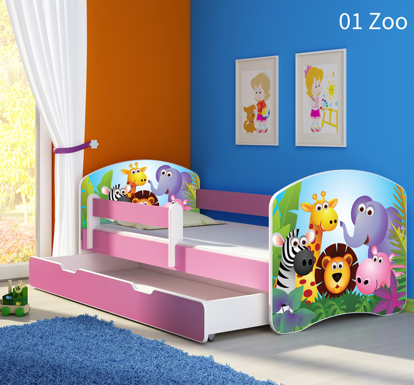 Dječji krevet ACMA s motivom, bočna roza + ladica 140x70 cm - cover