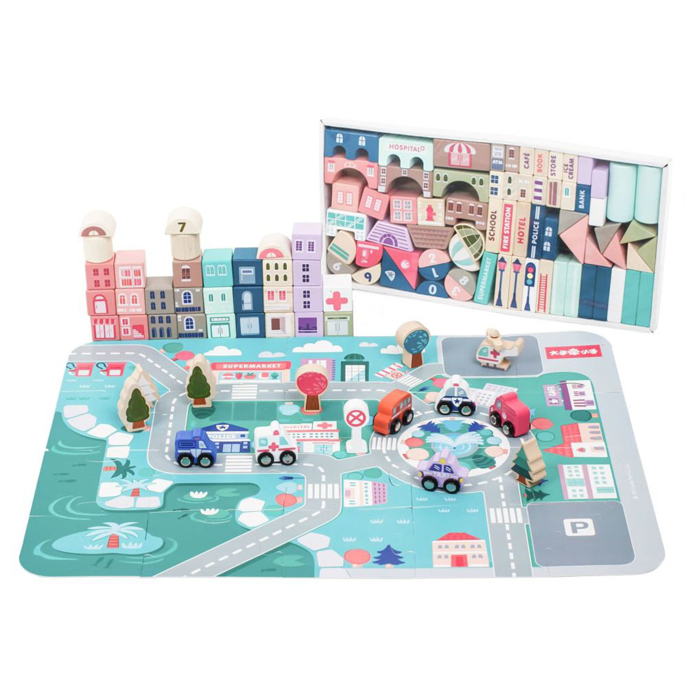 Ecotoys Edukativni drveni blokovi grad s podlogom od 115 dijelova - cover