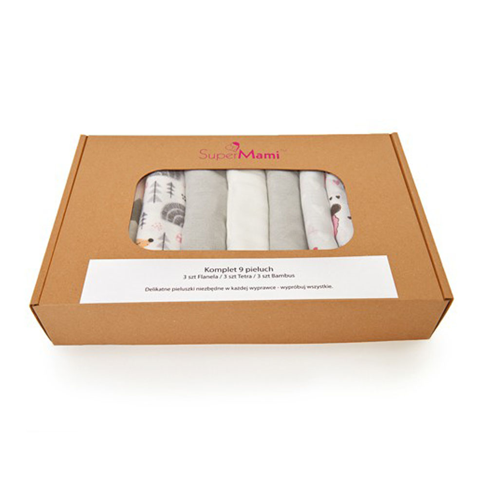 SuperMami set od 9 pelena - flanel, tetra, bambus - cover