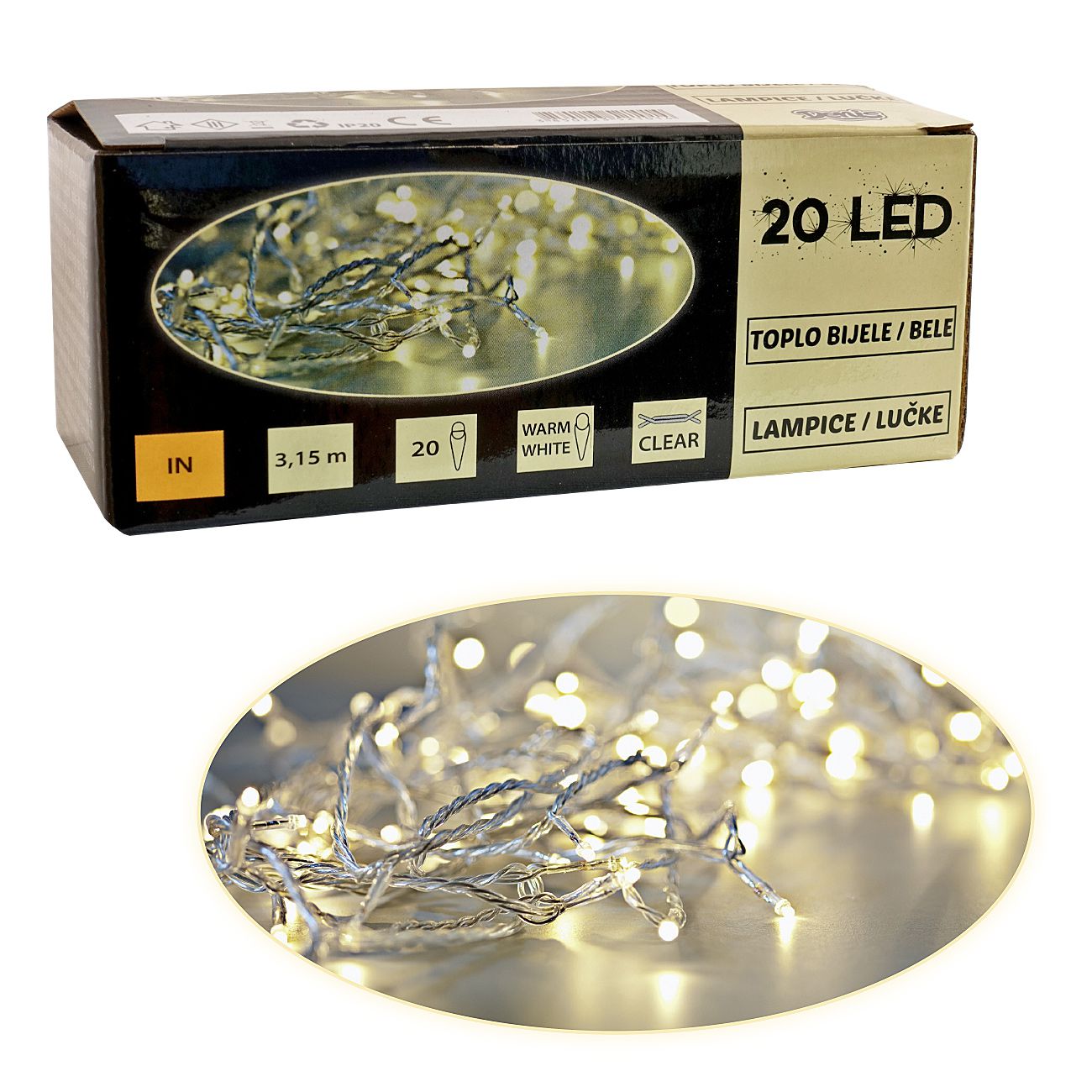 20 LED, lanac, bijelo svjetlo na baterije - cover