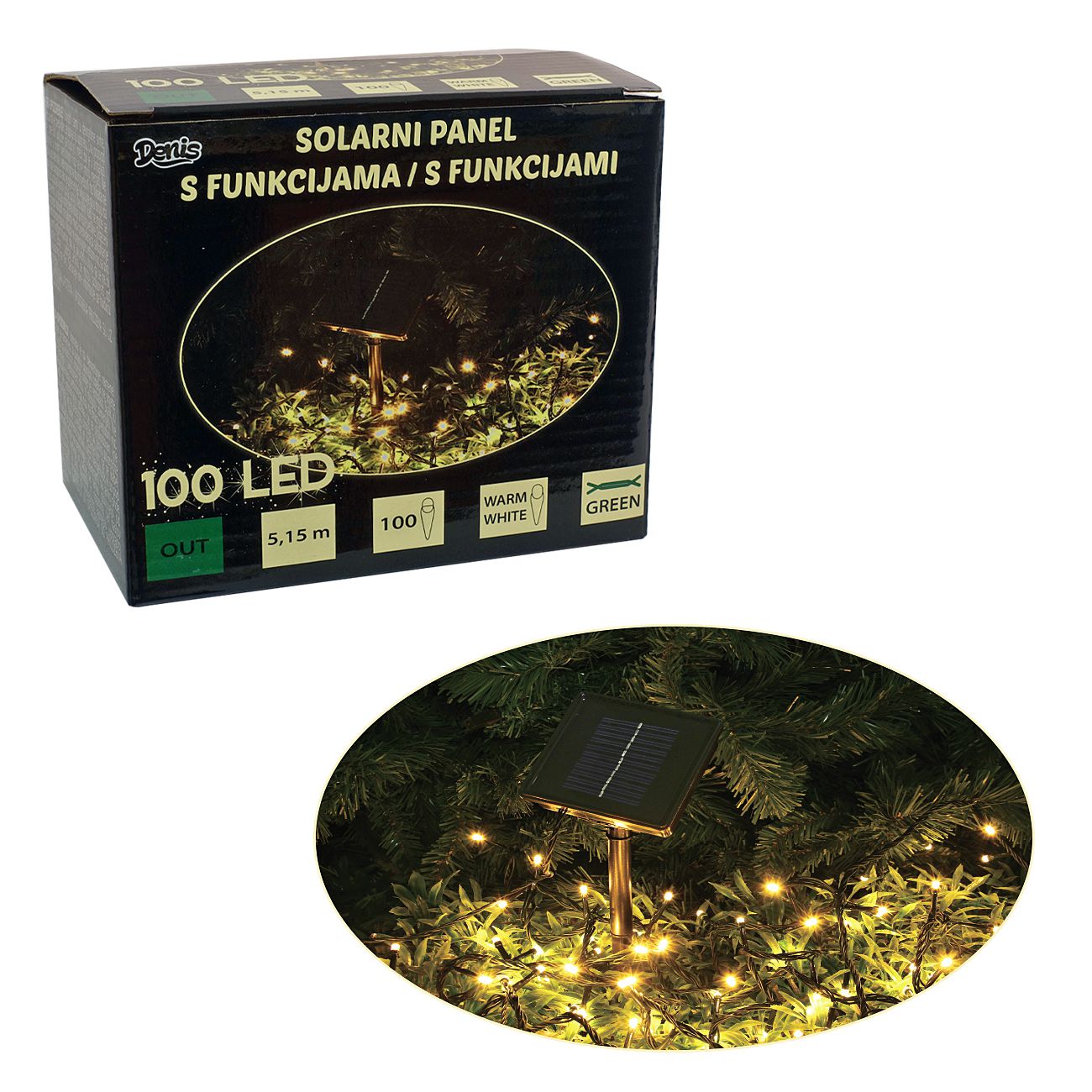100 LED, solarni panel, 4.95 m, 8 funkcija, na baterije - cover