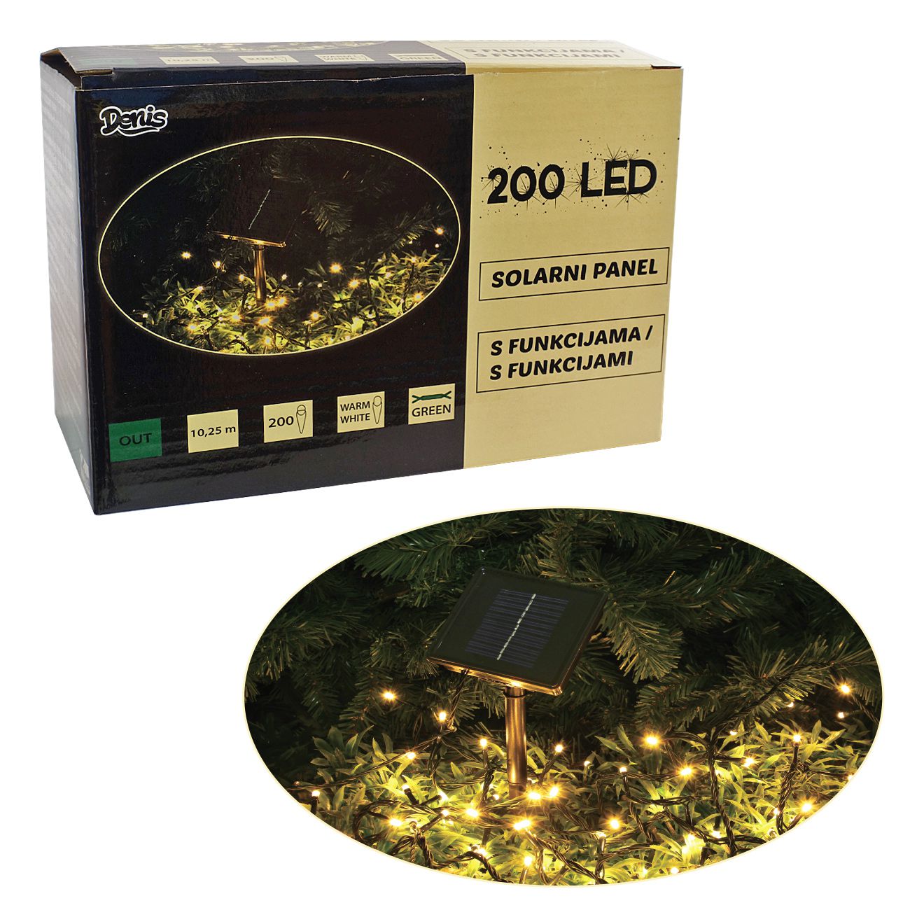 200 LED, solarni panel, 9.95 m, 8 funkcija, na baterije - cover