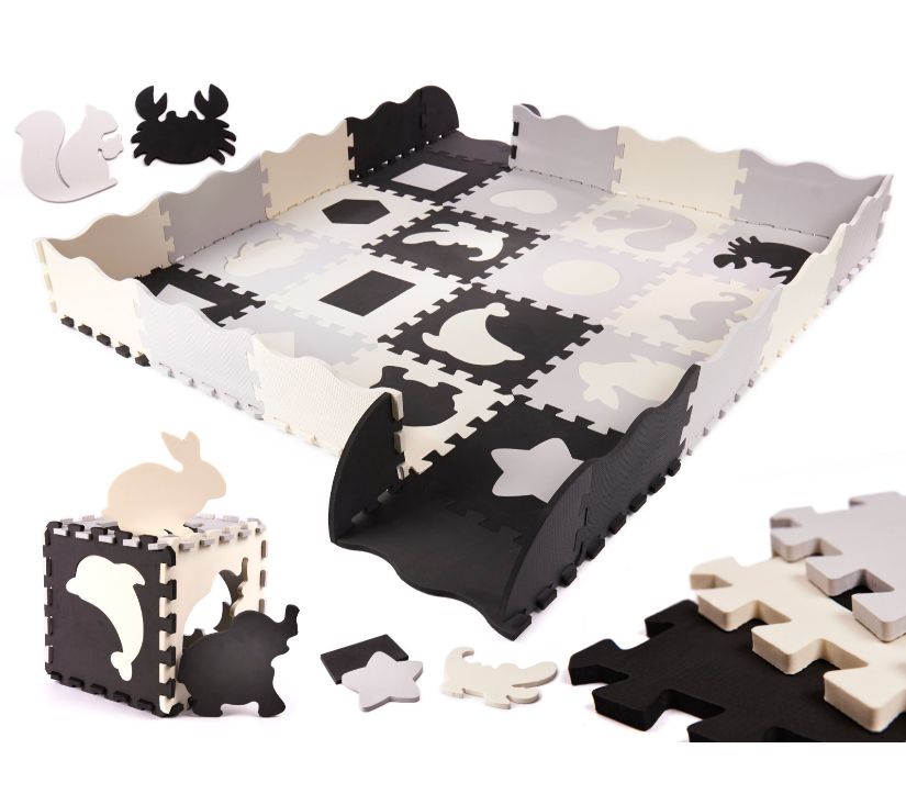 Podloga za igranje s ogradom 36 komada 1cm crno siva bijela - cover