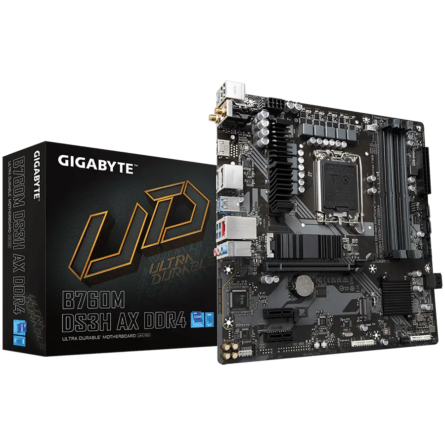 GIGABYTE Mainboard Desktop B760M DS3H AX DDR4 (LGA1700, 4x DDR4, 1xD-Sub, 1xHDMI, 2xDP, 2.5GLAN, Wi-Fi 6E 802.11ax, 1x PCI Express x16 4.0, 2x PCI Express x1 3.0, 2xM.2, 4xSATA3, 1x USB Type-C, 5x USB 3.2 Gen1, 6x USB 2.0/1.1) mATX B760M DS3H AX DDR4 - cover