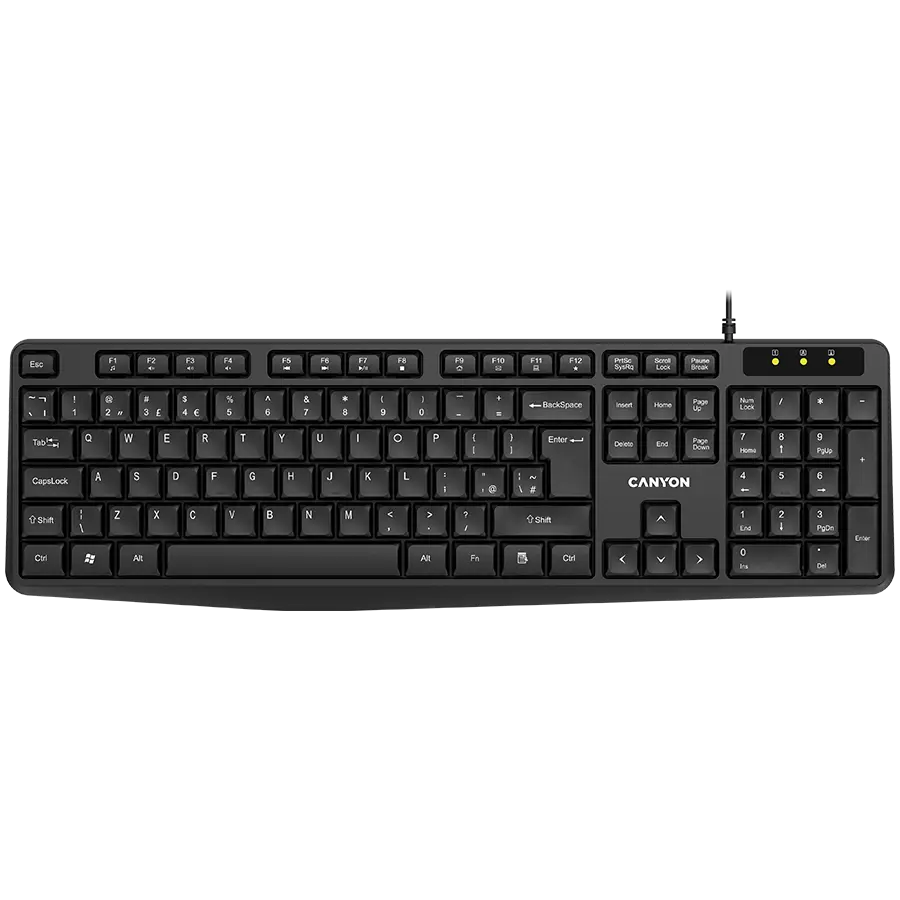 CANYON KB-1, Wired Keyboard, 104 keys, USB2.0, Black, cable length 1.5m, 443*145*24mm, 0.37kg, Adriatic - cover