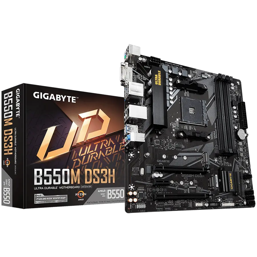 Gigabyte MB B550 AM4 4 x DDR4 PCIe 3.0 2 x M.2 4 x SATA 1 x DVI-D port 1 x DisplayPort 1 x HDMI port Micro ATX - cover