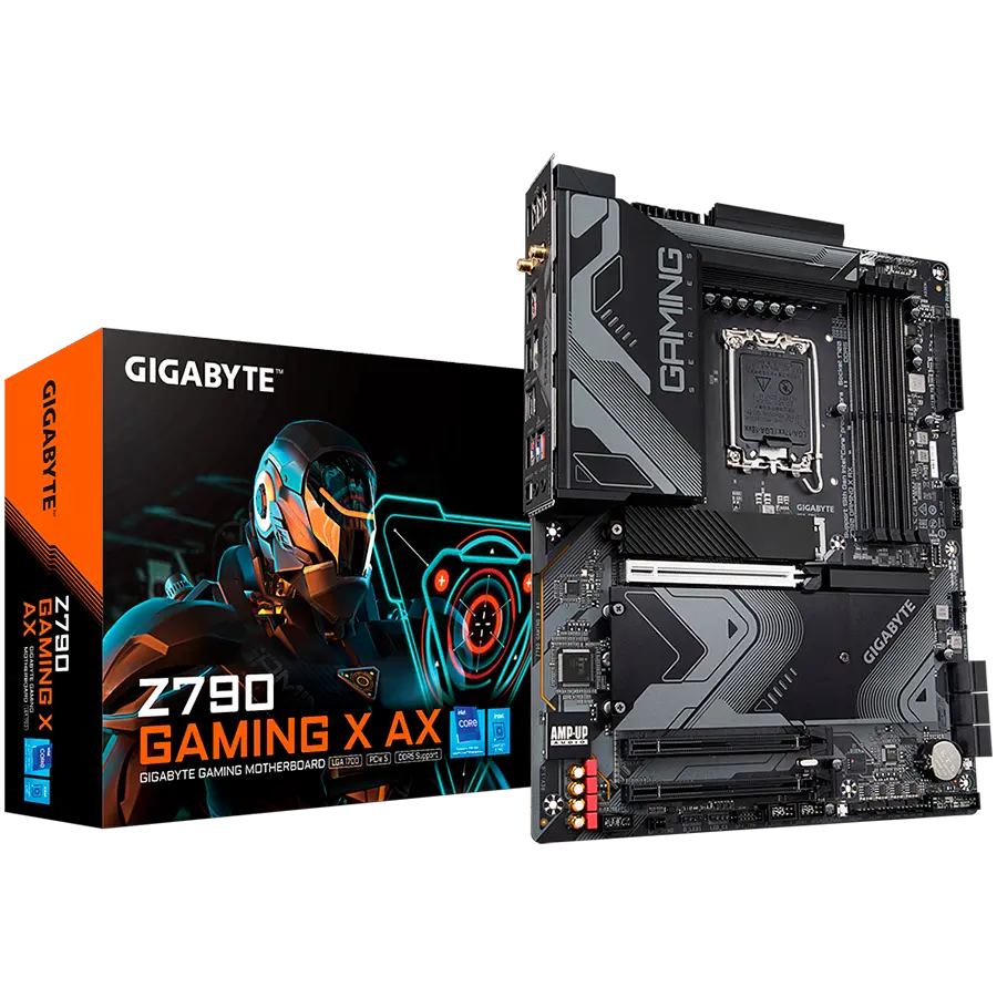 Gigabyte Mainboard Desktop (LGA1700, 4xDDR5 max. 128GB, 1x PCI-E 5.0 x16x16, 2x PCI-E 4.0 x16x4, 6x SATA, 3x M.2 4.0, 2x USB 3.2 Gen2, 3x USB 3.2 Gen1, 1x USB Type-C 3.2 Gen2x2, 4x USB 2.0, 2x DP, 1x HDMI, Intel Wi-Fi 6E, 2.5GbE LAN, ATX, Retail) - cover