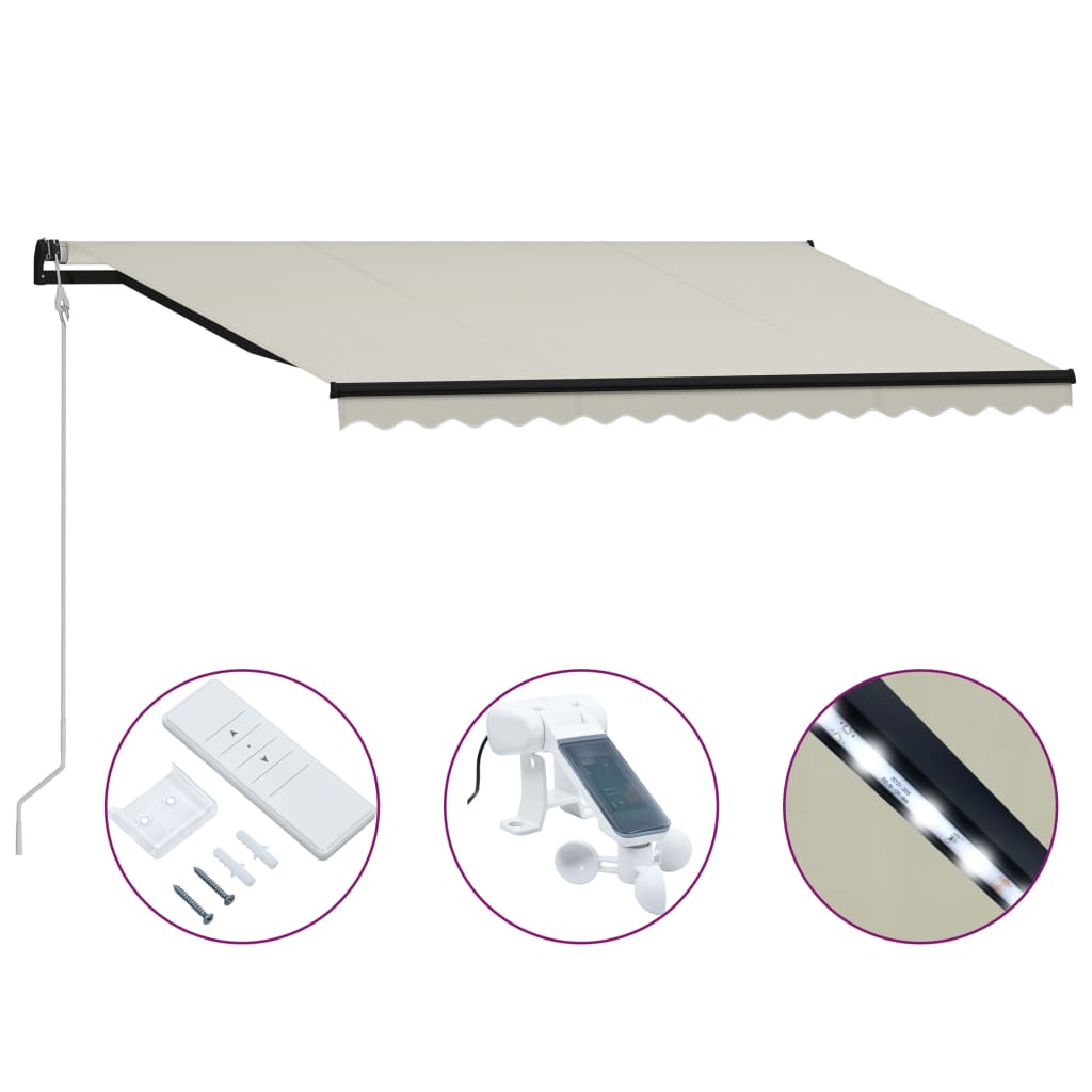 vidaXL Tenda na uvlačenje sa senzorom za vjetar LED 400 x 300 cm krem - cover