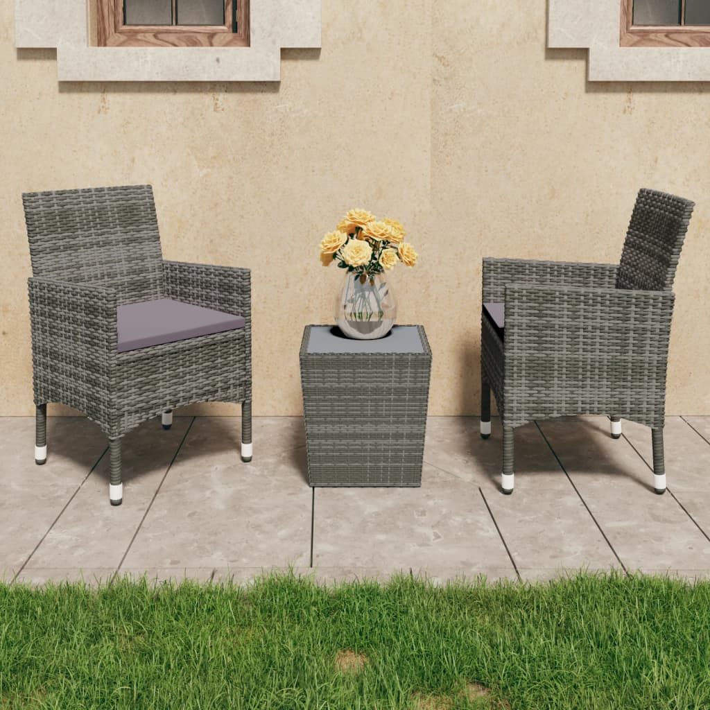vidaXL 3-dijelni bistro set od poliratana i kaljenog stakla sivi - cover