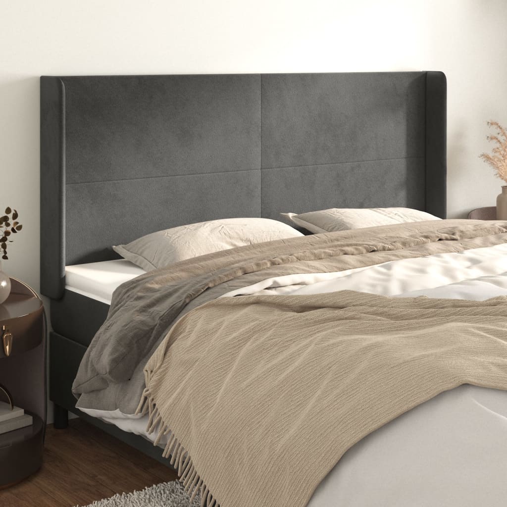 vidaXL Uzglavlje s ušima tamnosivo 203x16x118/128 cm baršunasto - cover