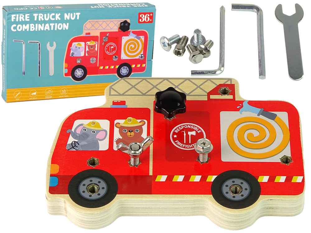 Drveni vatrogasni kamion s šarafima i alatom - cover