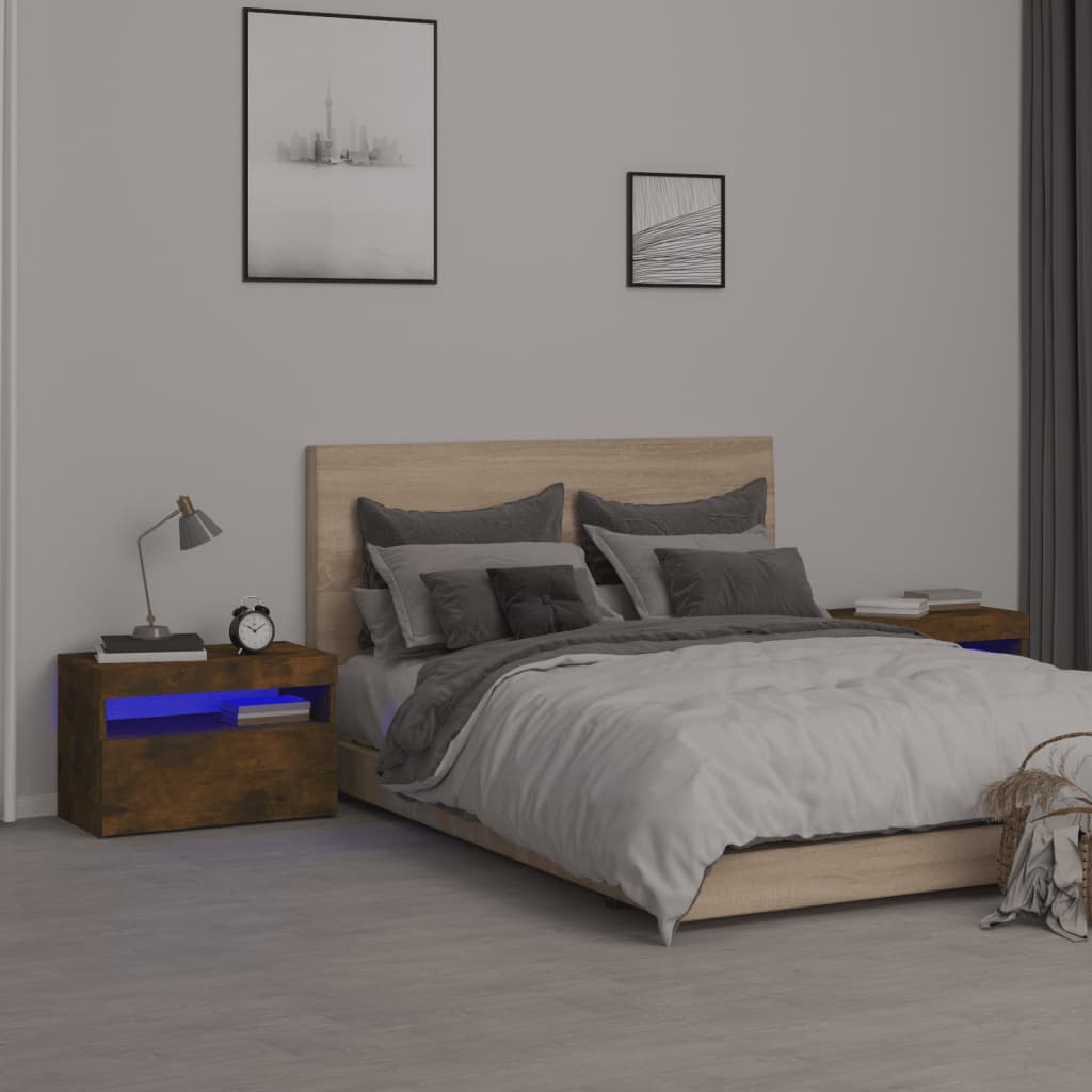 vidaXL Noćni ormarići 2 kom s LED svjetlima dimljeni hrast 60x35x40 cm - cover