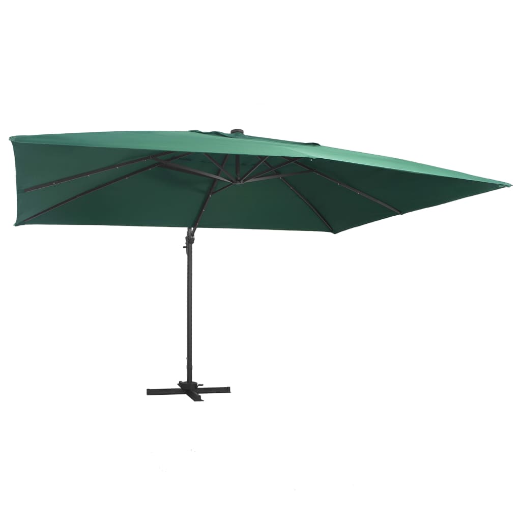 vidaXL Konzolni suncobran LED s aluminijskim stupom 400x300 cm zeleni - cover