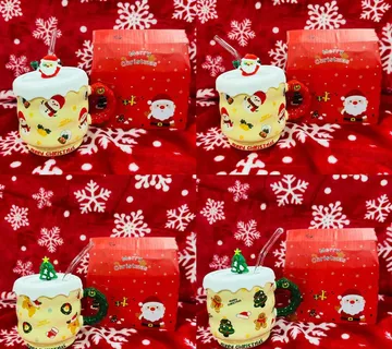 Božićna šalica s poklopcem i žlicom Žuta u poklon kutiji 300ml - cover