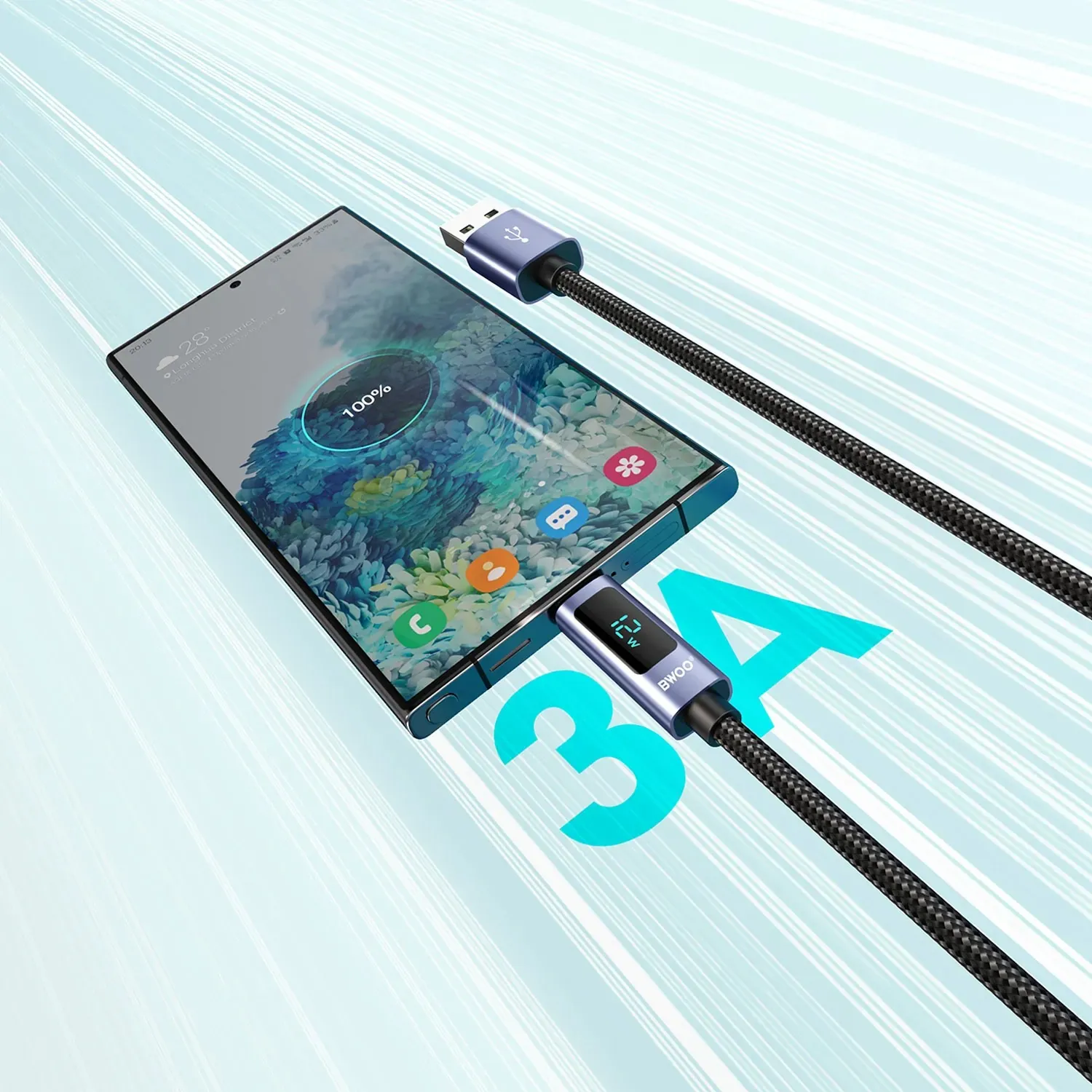 bwoo usb-a na usb-c alu kabel za punjenje s led zaslonom (3a), 1 m - slika 2