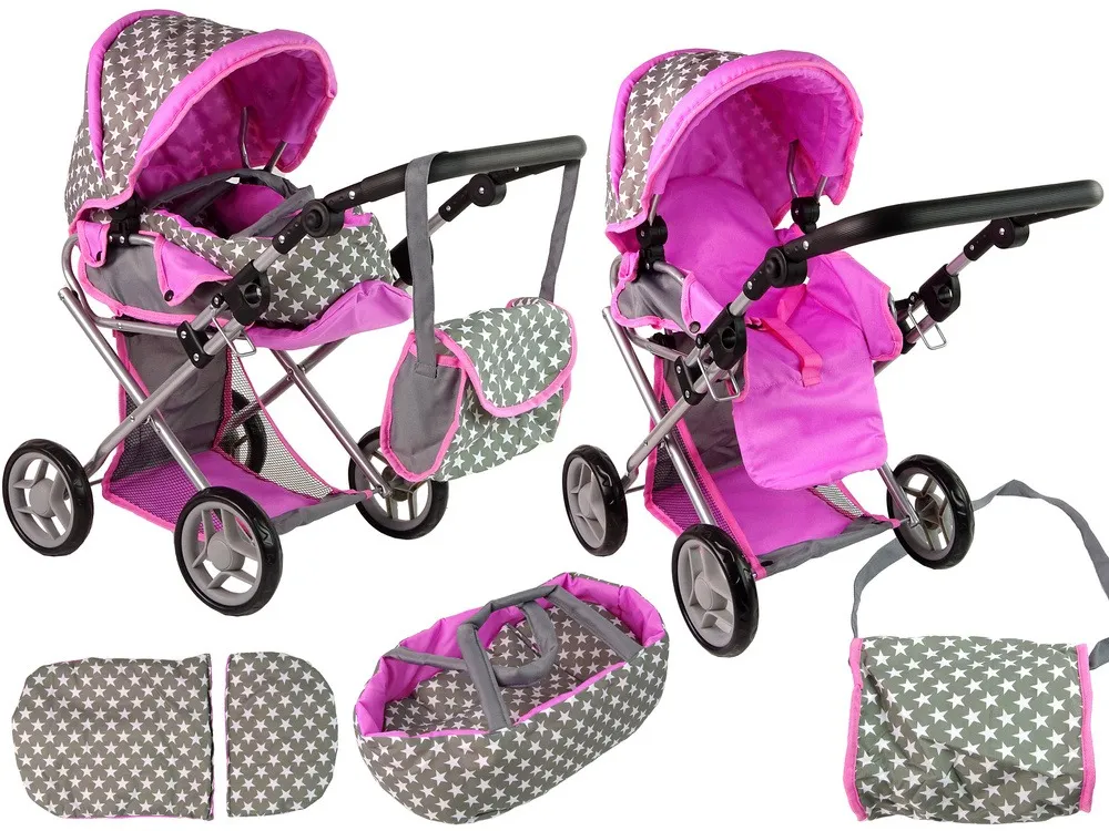 kolica za lutke + torba 2u1 stars - sivi - slika 2
