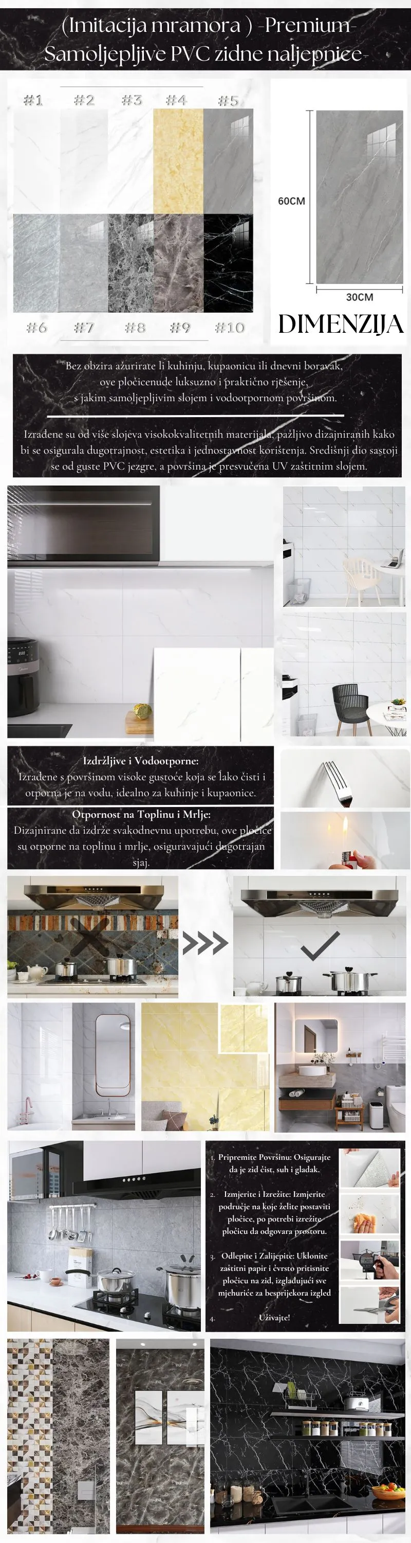 (komplet 10kom) premium imitacija mramora - samoljepljive zidne obloge - slika 8
