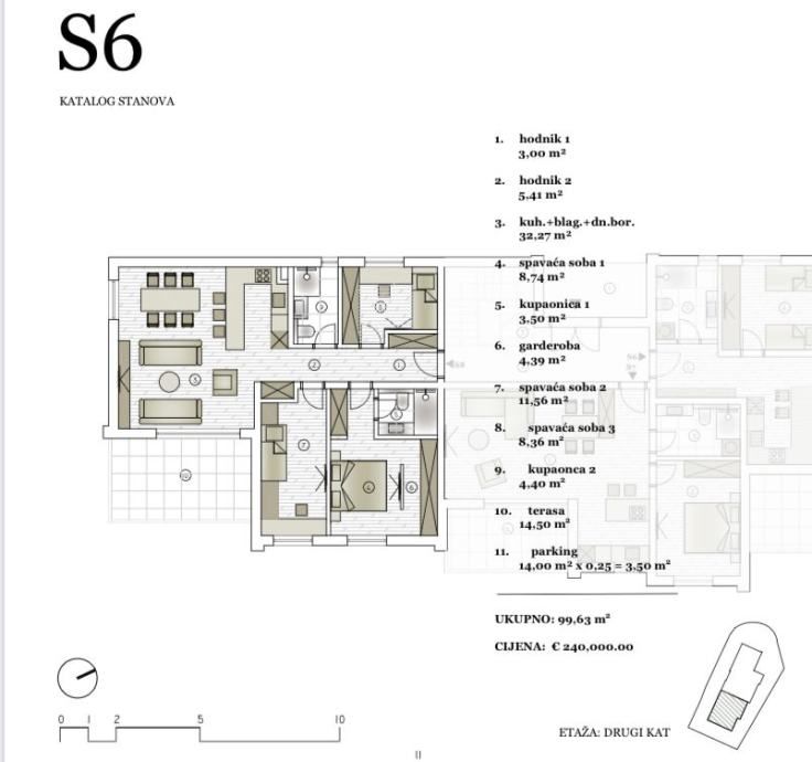 vodice, 3-soban stan - 99,63m2, 2. kat, pogled na more (prodaja) - slika 6