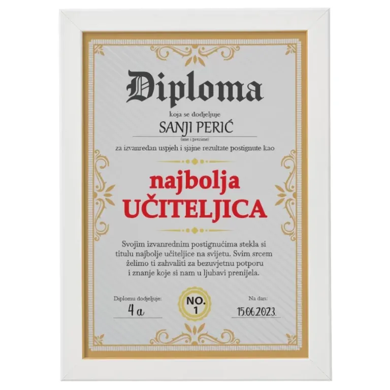 Diploma za najbolju učiteljicu / razrednicu - Osijek