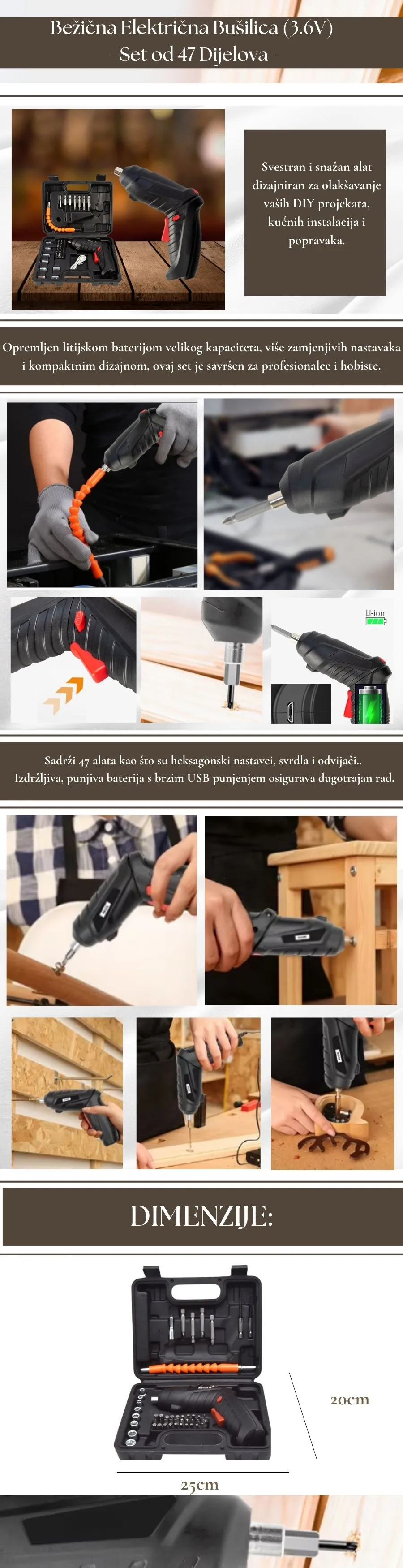 bežična električna bušilica (3.6v) - set od 47 dijelova - slika 10