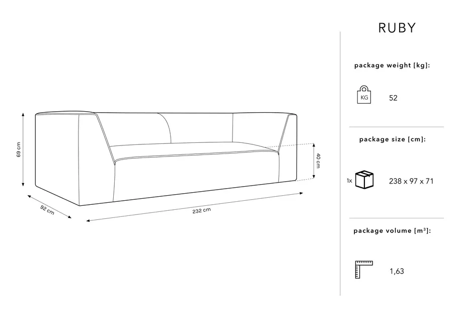sofa ruby, 3 sjedala, 232x92cm, materijal: rebrasta tkanina - slika 5