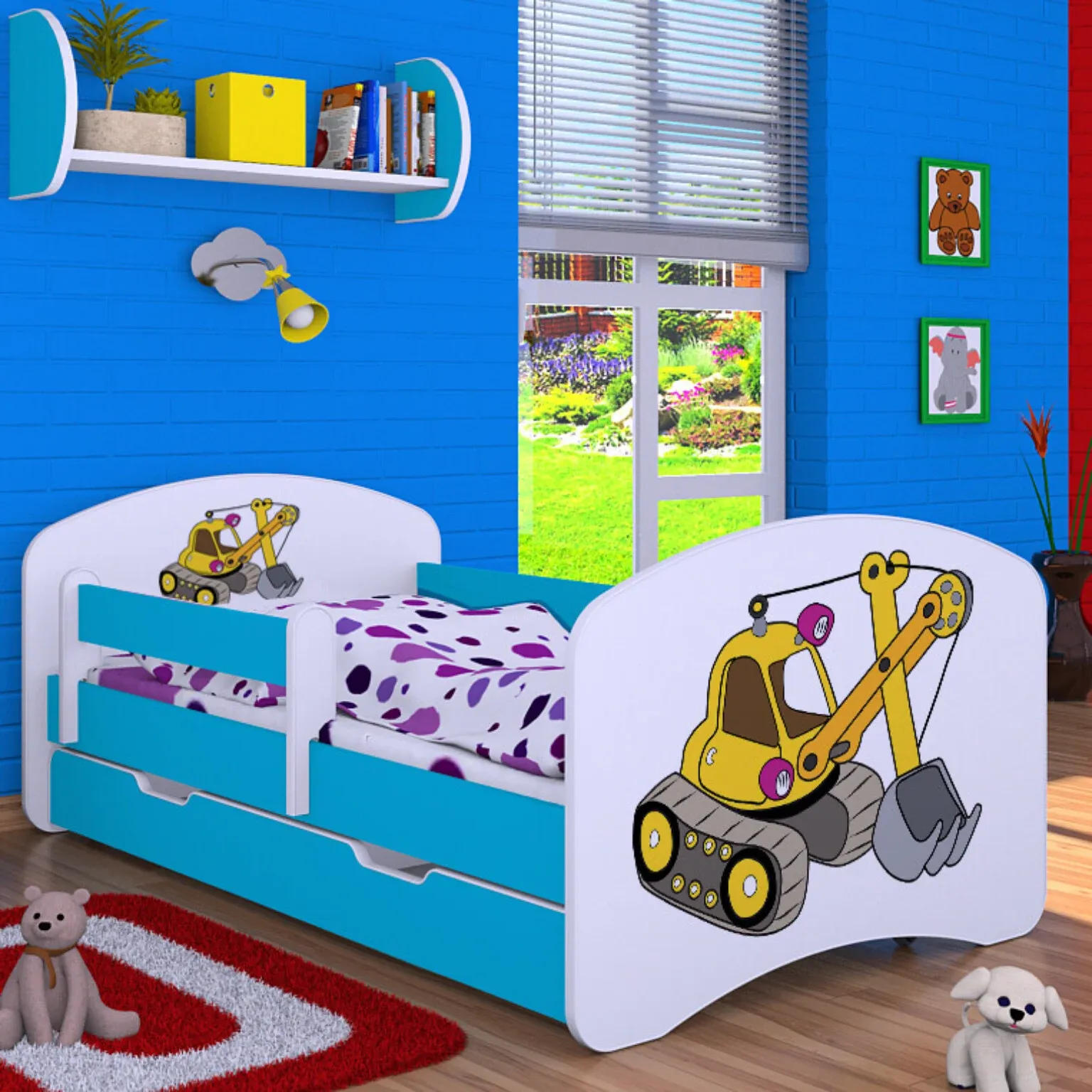 drveni dječji krevet happy žuti bager s ladicom – 180×90 - slika 3