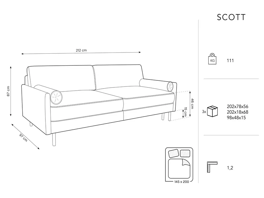 scott sofa, 3 sjedala, 212x97cm, materijal: baršun - slika 8