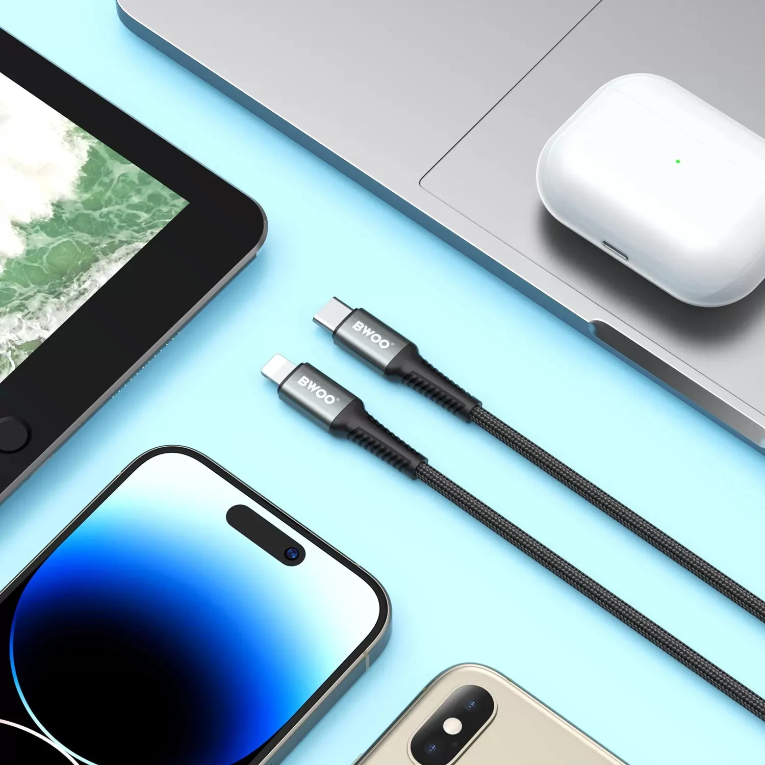 usb-c na lightning alu pleteni kabel za brzo punjenje pd 27w-1m max bwoo - slika 3