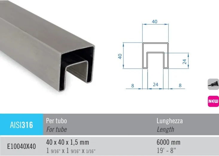 inox rukohvat 40x40mm za staklenu ogradu – aisi316 satinirani - slika 3