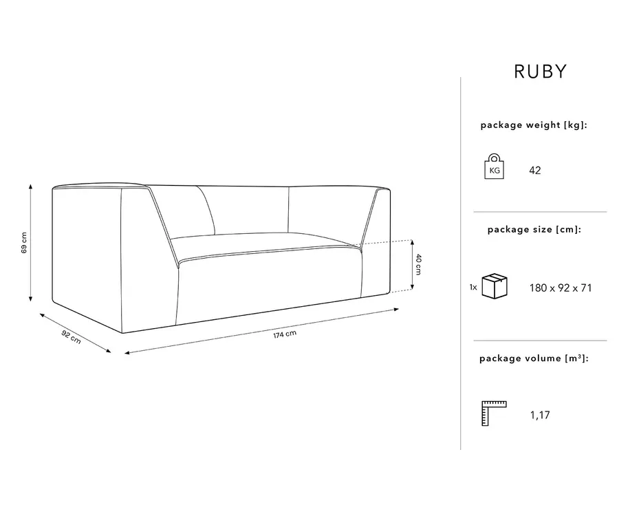 sofa ruby 2 sjedala, 174x93cm, materijal: rebrasta tkanina - slika 5