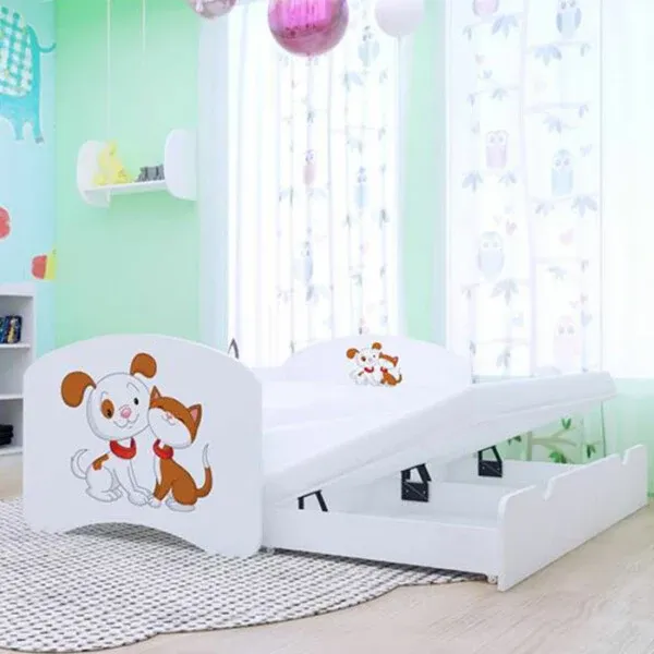 Drveni dječji krevet Happy psić i mačka s dodatnim ležajem – 180×90 - Vidovec