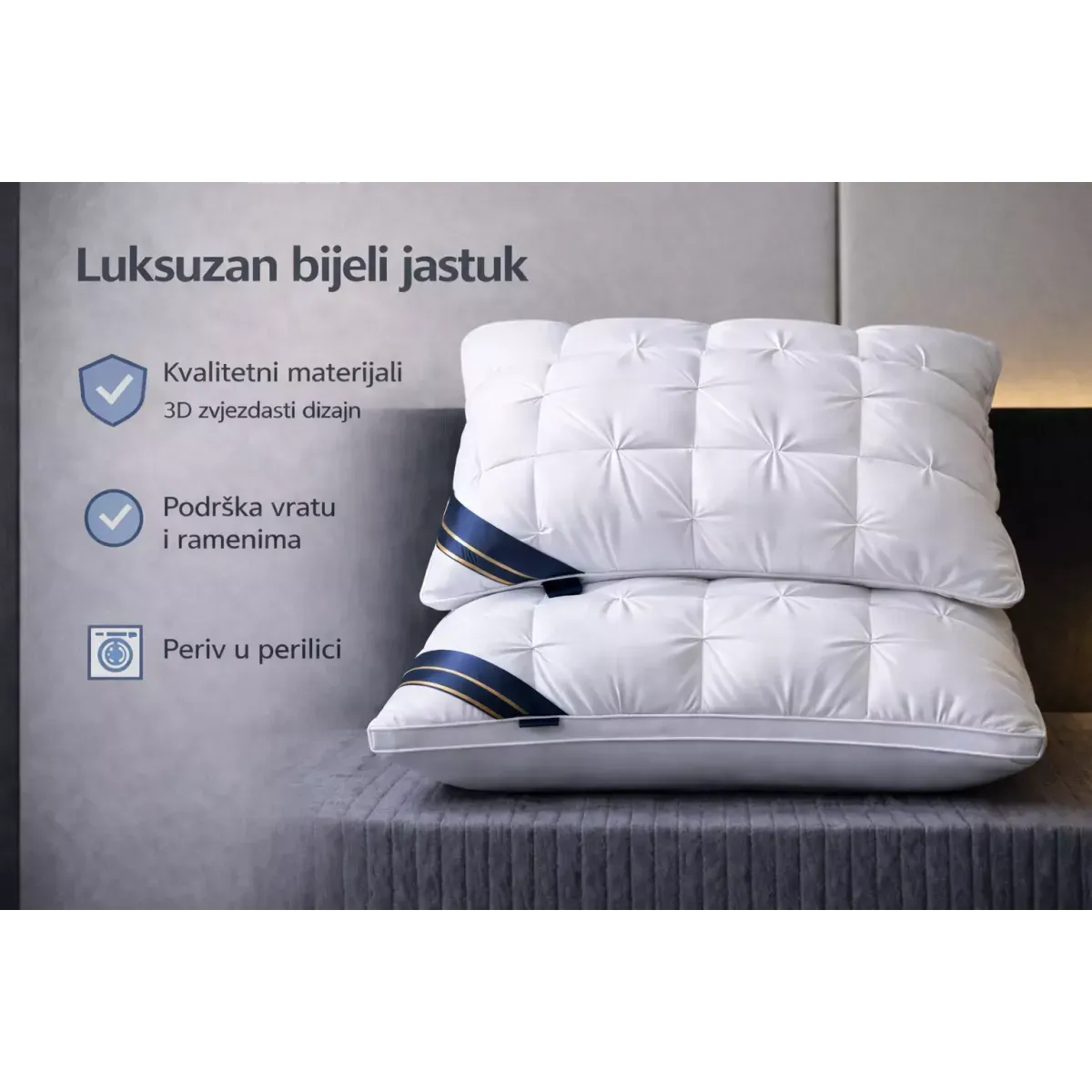 luksuzni bijeli hotelski jastuk - 74x48 cm - slika 3