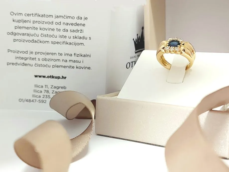 zlatni prsten s dijamantima i plavim safirom - 18k 5,24g / r1, rate !! - slika 2