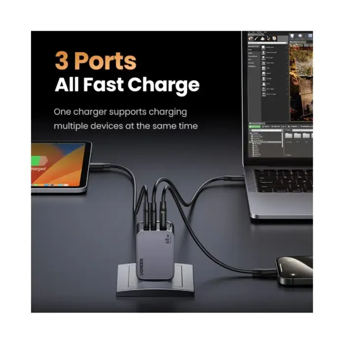 ugreen nexode pro, 65w, 2x usb-c, usb-a, usb-c kabel, gan, sivi - slika 3