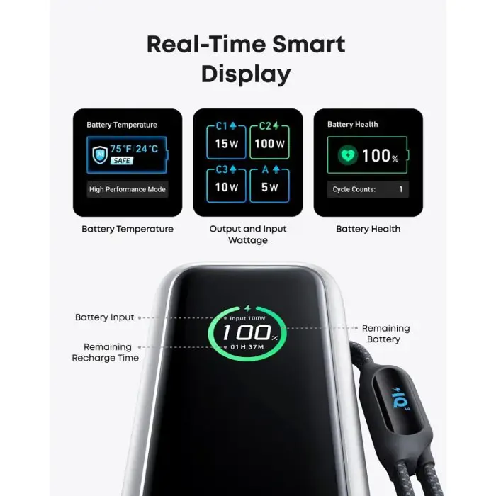 anker powerbank 25000 mah z vgrajenim kablom usb-c, 165w, srebrn - slika 3
