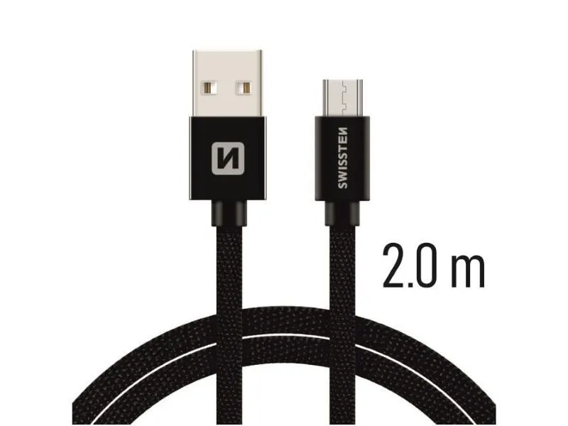 swissten kabel usb/microusb, platneni, 3a, 2m, crni - 03080042 - slika 1