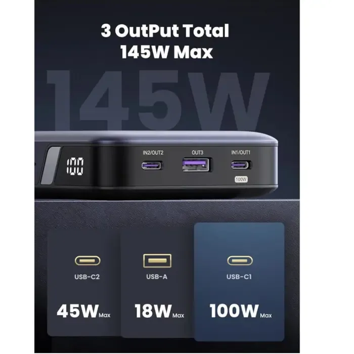 ugreen prijenosni punjač (powerbank), 25.000 mah, 145w, fast charging, usb-c, power delivery 3.0, sivi - slika 2