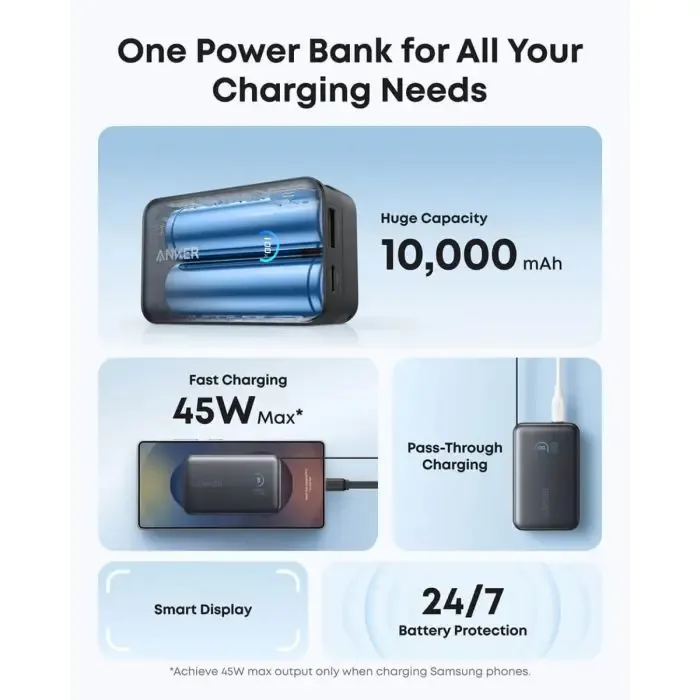 anker nano power bank 10000 mah, 45w z vgrajenim usb-c kablom, črn - slika 3