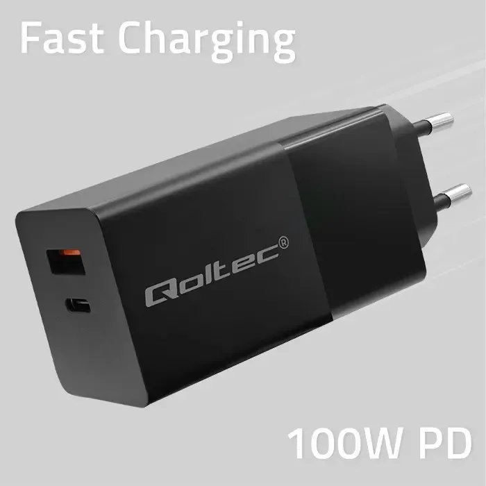 qoltec 52382 gan power pro charger | 1xusb type c | 1xusb a | 100w | 5-20v | 1.5-5a | pd | black - slika 3