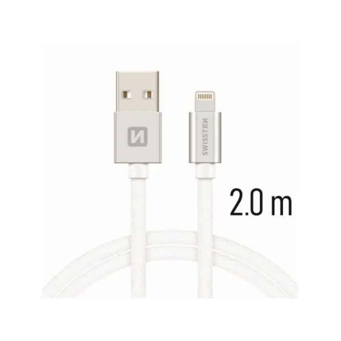 swissten kabel usb/lightning, platneni, 3a, 2m, srebrni - slika 1