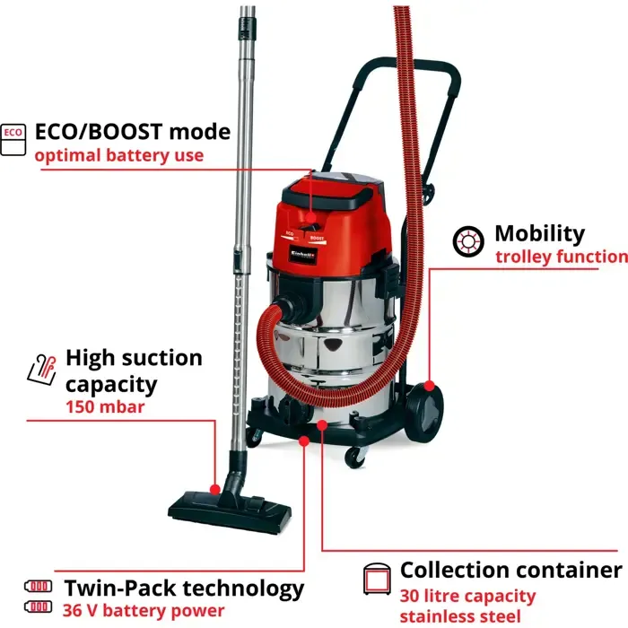 einhell wet / dry vacuum te vc 36/30 li (red / silver, without battery and charger) - slika 3