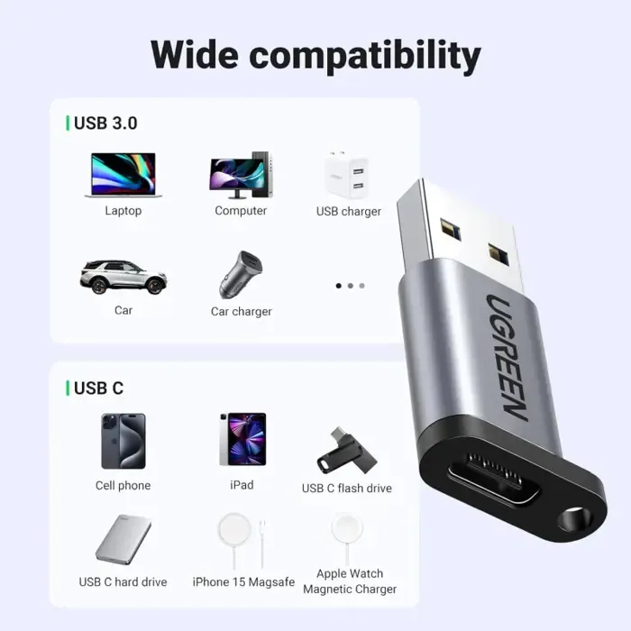 ugreen adapter, usb 3.0 a (m) na usb-c 3.1 (ž), sivi - slika 5