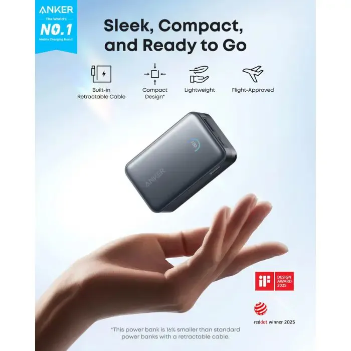 anker nano power bank 10000 mah, 45w z vgrajenim usb-c kablom, črn - slika 2