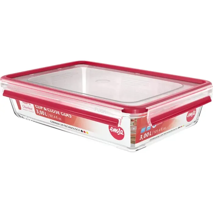 emsa clip & close glass food storage container 3.0 liters (transparent/red, rectangular) - slika 3