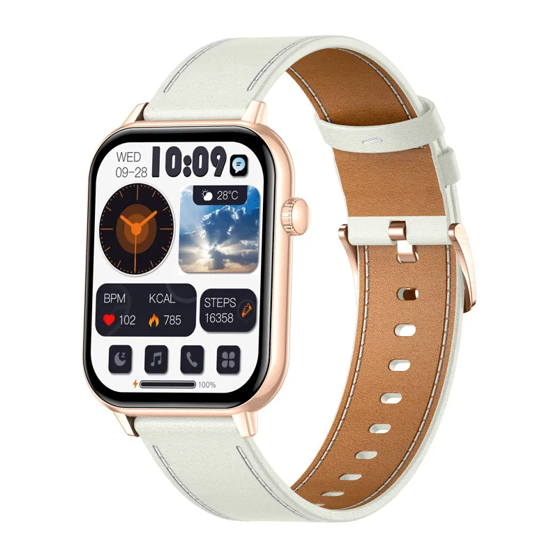 colmi c28 smartwatch in gold with a white leather strap - slika 2