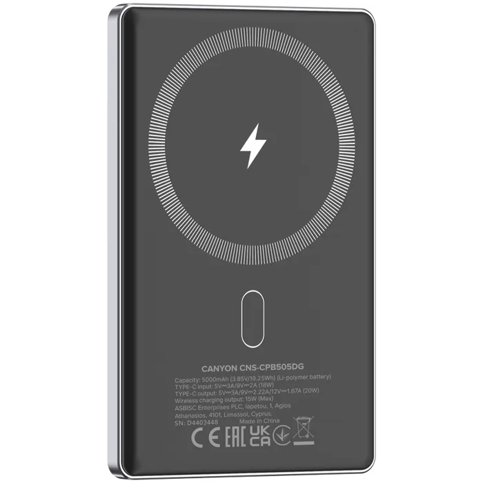 canyon power bank onpower 505 slim magsafe 5000 mah pd20w dark grey - slika 4