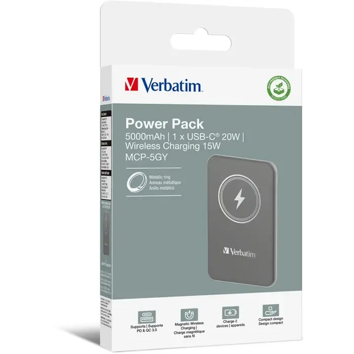 verbatim wireless power bank charge 'n' go 5,000mah (grey, qi, pd 3.0, quick charge 3.0) - slika 3