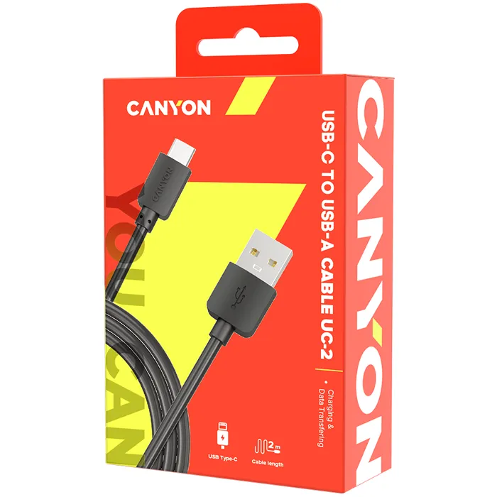 canyon uc-2 type c usb 2.0 standard cable, power & data output, 5v 1a, od 3.2mm, pvc jacket, 2m, black, 0.036kg - slika 3