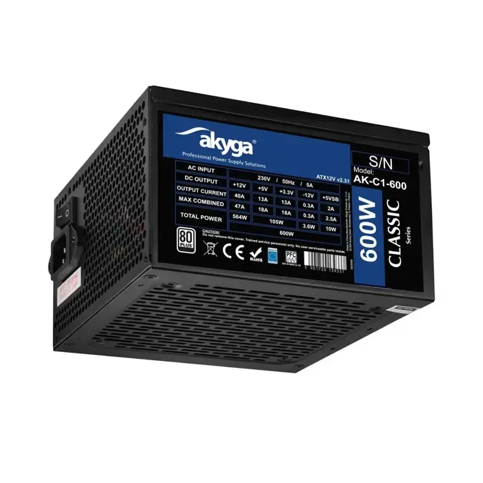 atx 600w power supply akyga ak-c1-600 p4+4 2x pci-e 6+2 pin 5x sata 3x molex apfc fan 12cm - slika 1