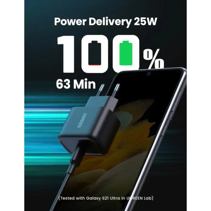 ugreen punjač, 25w, usb-c pd + kabel c-c, crni, 2m - slika 2